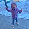 Gianna joined the competition — help win amazing prizes! toddler, child, purple_jacket, hood, snow, sidewalk, winter, outdoor, car, concrete, walking, happy, smiling, footwear, person, cold_weather, clothing, daylight, parked_car, urban