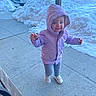 toddler, child, purple_jacket, hood, smile, snow, sidewalk, winter, outdoor, cars, urban, cold_weather, footwear, pants, standing, happy, person, daylight, concrete, playful