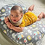 Jason joined the competition — help win amazing prizes! baby, smiling, yellow_clothing, pillow, animal_pattern, lying_down, happy, indoor, blanket, cute, child, infant, face, head, person, home, playful, cozy, fabric, skin
