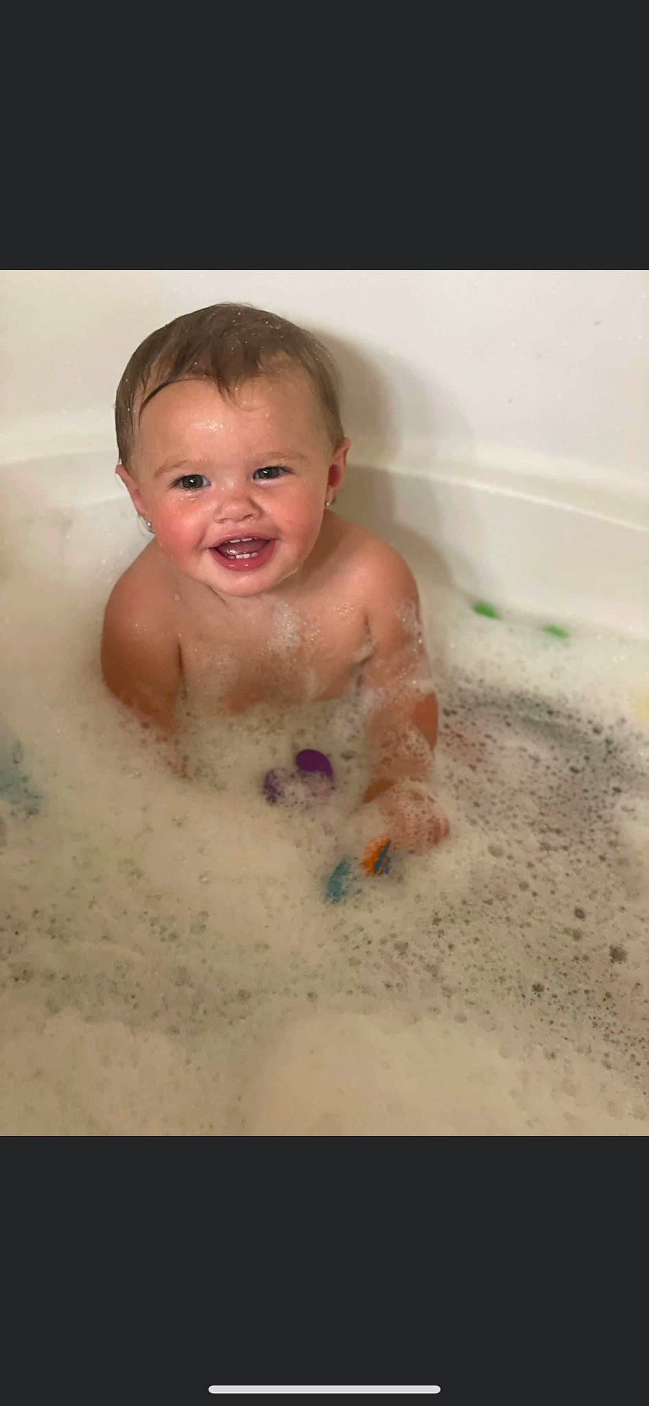 Preslee joined the competition — help win amazing prizes! baby, baby_bathing, bathing, bathroom, bathtub, chest, eye, fluid, foam, fun, happy, head, human_body, joy, leisure, liquid, mouth, person, plumbing, smile