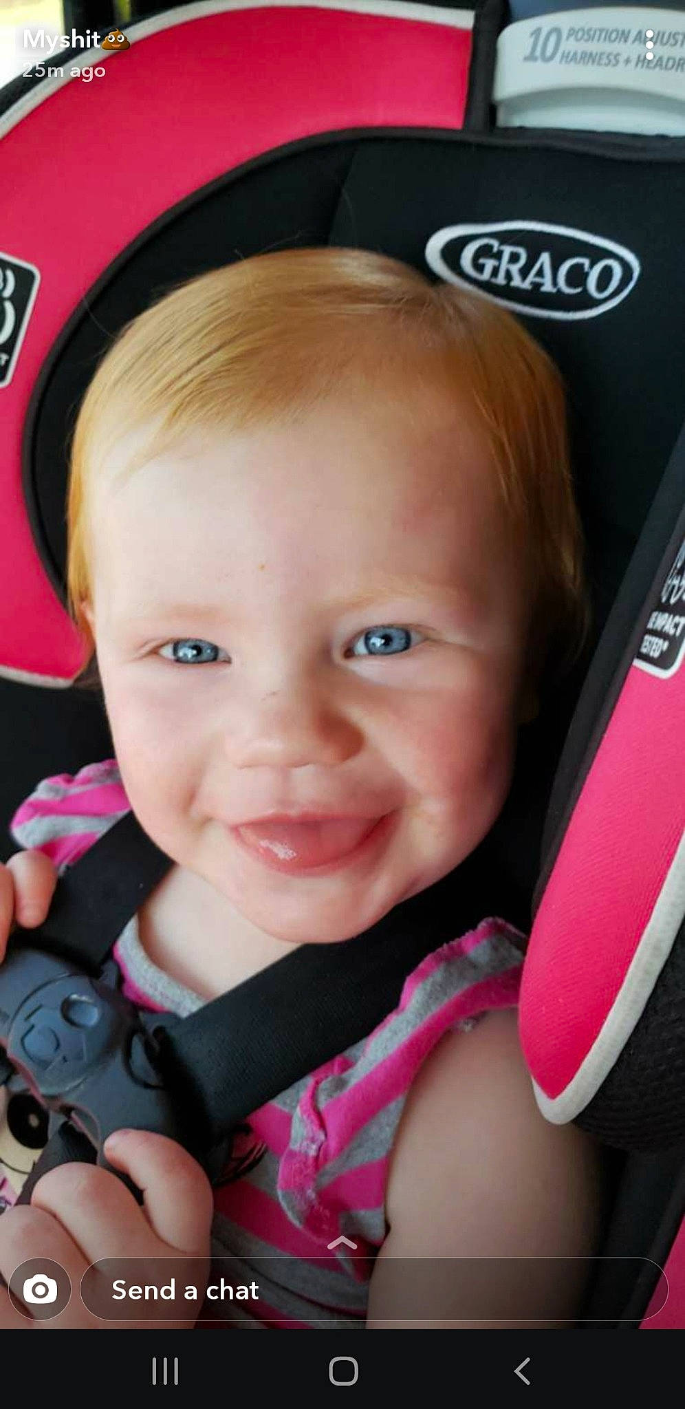 Tinley is registered to the contest to win money with this photo: auto_part, baby, baby_carriage, baby_products, car_seat, cheek, child, child_model, ear, joy, nose, person, pink, product, skin, smile, toddler
