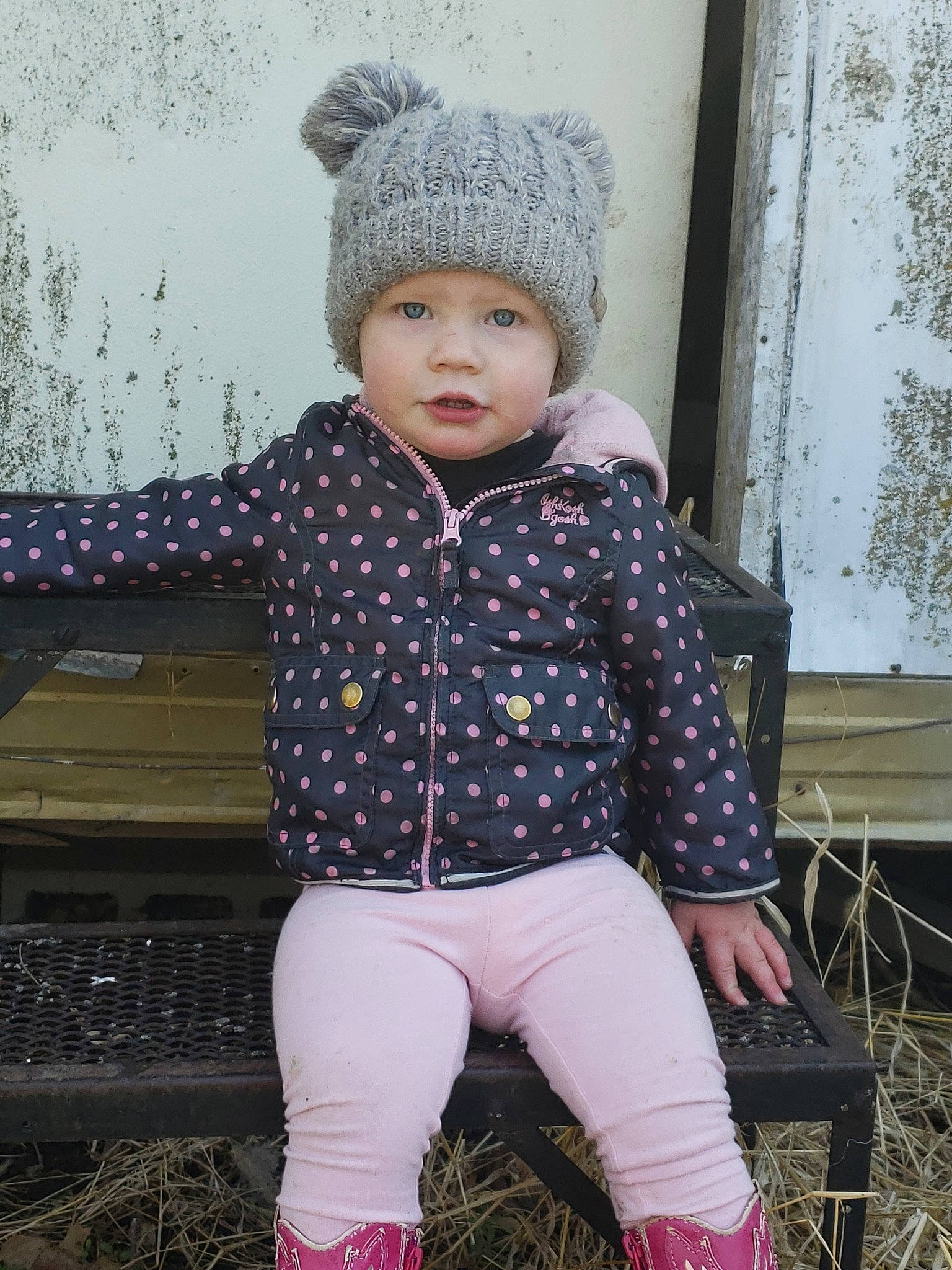 Tinley joined the competition — help win amazing prizes! baby, baby_toddler_clothing, beanie, bonnet, cap, child, child_model, clothing, headgear, headwear, jeans, knit_cap, knitting, outerwear, pattern, person, photography, pink, skin, toddler