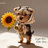 Snickers joined the competition — help win amazing prizes! adorable, brown_fur, cute, dog, floral, flower, holding_flower, indoor, portrait, puppy, scarf, shadow, small_dog, standing, studio, sunflower, text_overlay, warm_lighting, watermark, yorkshire_terrier