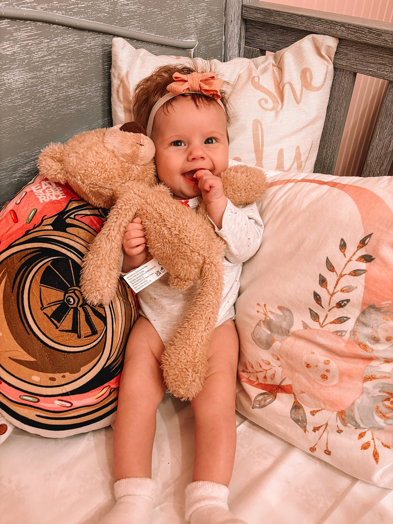 Oaklee joined the competition — help win amazing prizes! arm, baby, barefoot, blond, child, comfort, fashion, foot, happy, human_leg, knee, leg, mammal, person, pink, sitting, skin, smile, textile, thigh