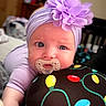 baby, pacifier, headband, flower, indoor, colorful, lights_pattern, clothing, infant, portrait, closeup, cute, soft, child, person, expression, decoration, purple, skin, toddler