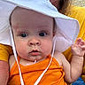 Greta joined the competition — help win amazing prizes! baby, child, person, hat, orange_clothing, white_hat, outdoor, sky, face, eyes, skin, hand, adult, yellow_clothing, portrait, expression, headwear, summer, sunhat, closeup