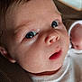 Ophélia a rejoint le concours — aidez-le/la à gagner de superbes lots ! baby, close_up, face, blue_eyes, infant, curious, white_outfit, soft_toy, brown_background, skin, portrait, child, newborn, young_child, resting, indoors, cute, expression, person, head