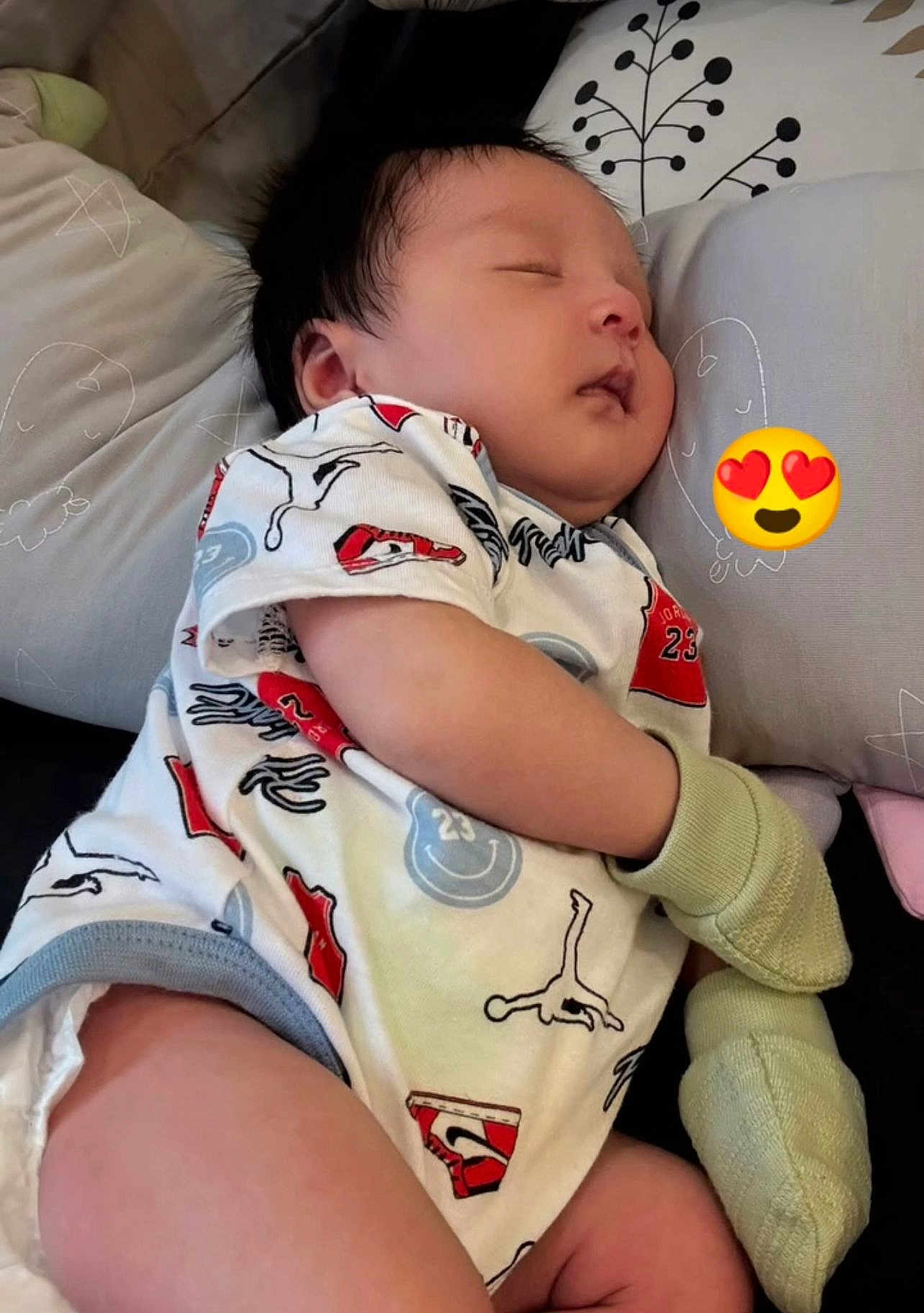 Andrew joined the competition — help win amazing prizes! baby, sleeping, infant, pillow, onesie, mitten, cute, face, peaceful, rest, child, soft, comfort, indoors, closeup, skin, person, head, lying_down, adorable