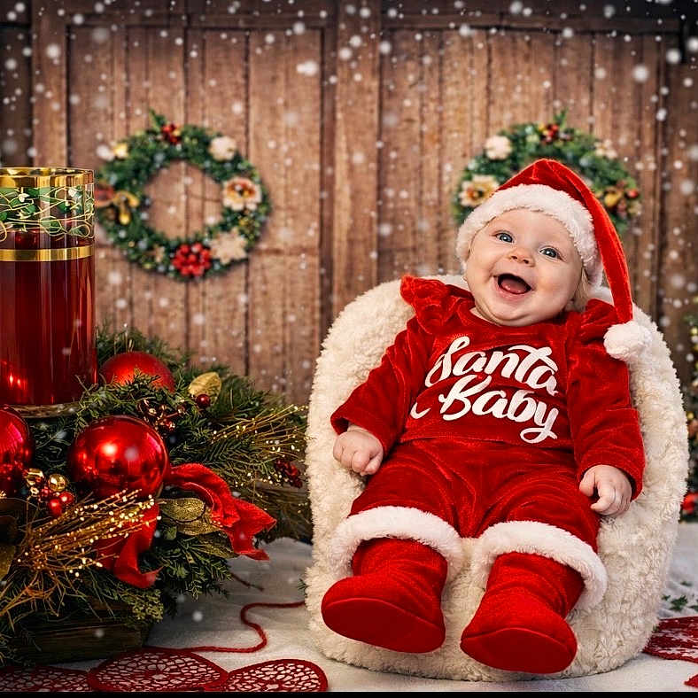 Leauna joined the competition — help win amazing prizes! baby, celebration, chair, child, christmas, christmas_tree, cute, decorations, festive, happy, holiday, indoor, ornaments, portrait, red_outfit, santa_baby, seasonal, smiling, snow_effect, wreath