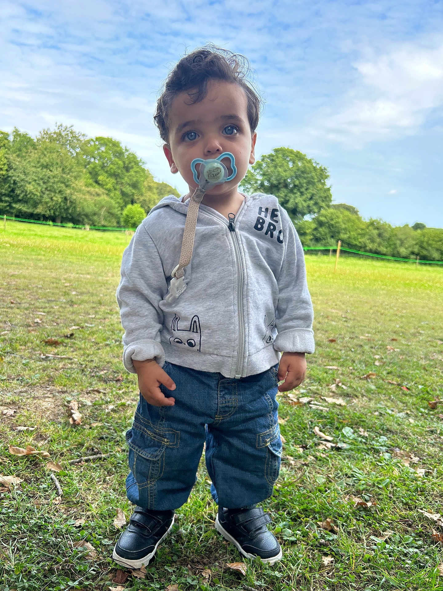 Rayan participe au concours pour gagner de l'argent avec cette photo : toddler, child, pacifier, hoodie, jeans, outdoor, grass, trees, sky, footwear, greenery, nature, casual_clothing, young_child, portrait, daylight, standing, expression, cute, park