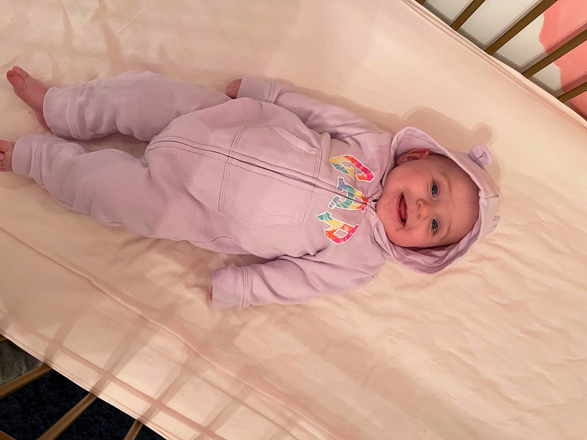 Emmerson joined the competition — help win amazing prizes! baby, baby_products, baby_safety, baby_toddler_clothing, bed, bedding, bedtime, child, comfort, flooring, hardwood, head, headwear, joy, linens, nap, person, pink, room, skin