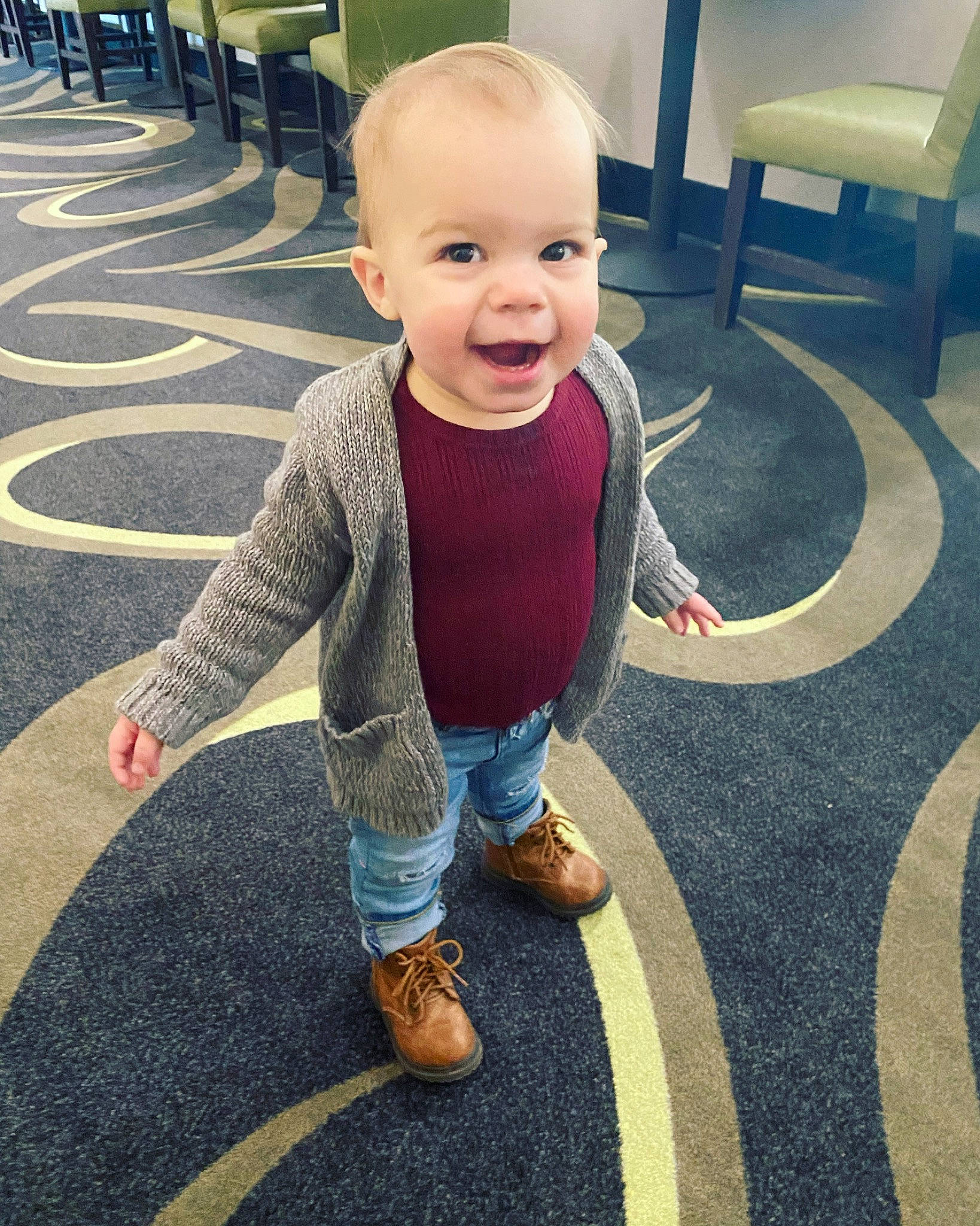 Remmington joined the competition — help win amazing prizes! baby, baby_toddler_clothing, black, child, cool, eye, floor, flooring, hairstyle, happy, leg, person, photograph, product, road_surface, sleeve, smile, standing, toddler, white