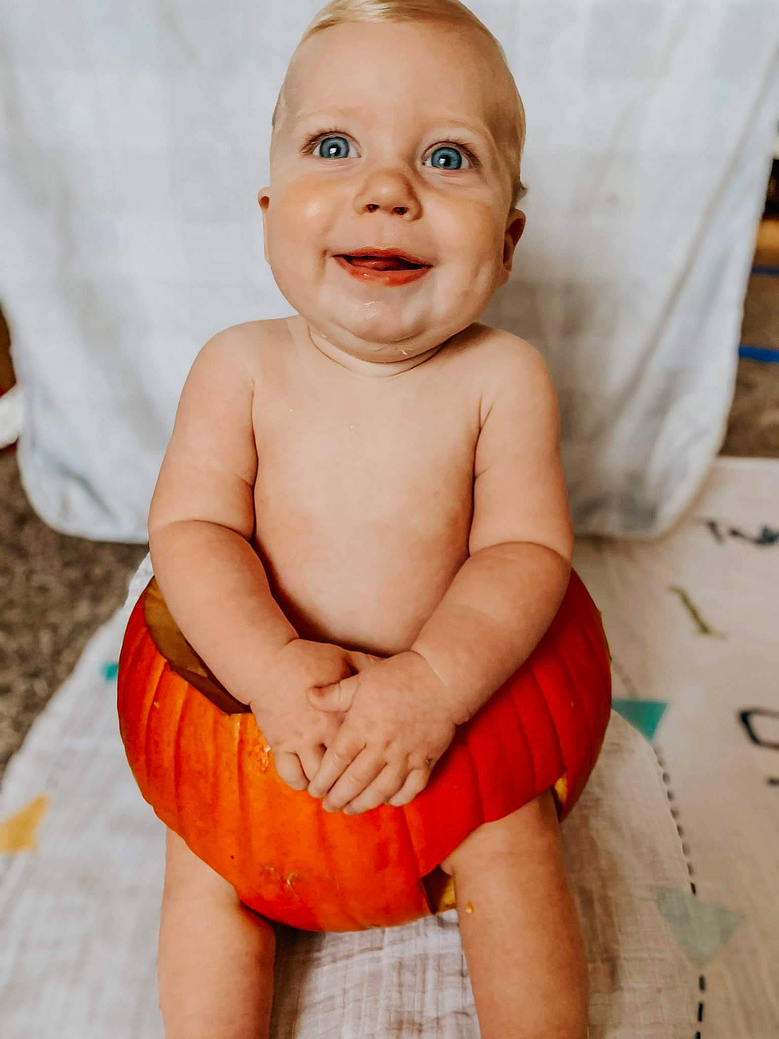 Branson joined the competition — help win amazing prizes! abdomen, baby_toddler_clothing, cheek, chest, child, ear, eye, human_body, iris, joint, joy, lip, mouth, nose, orange, organ, person, skin, standing, stomach
