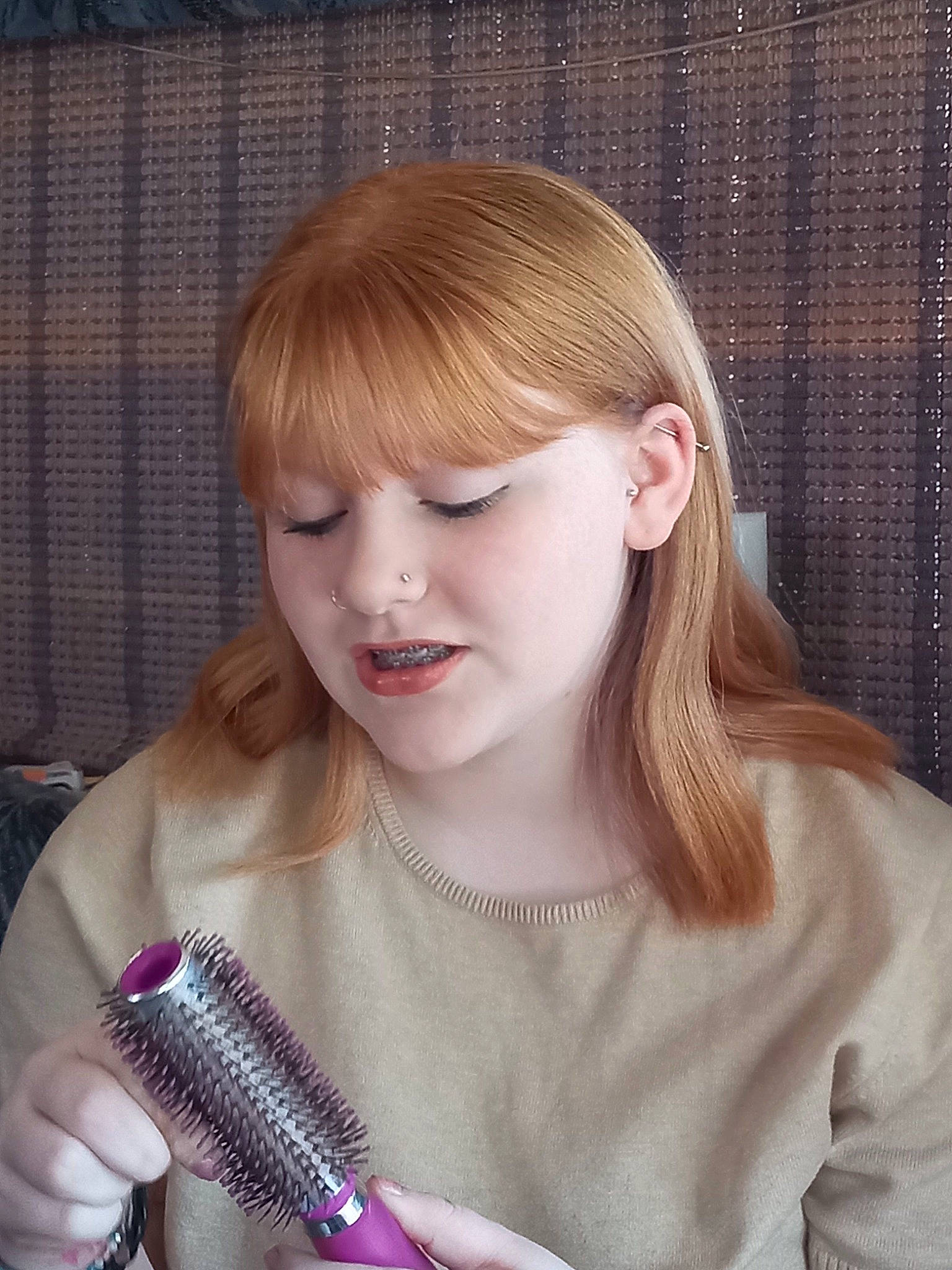 Kaisey is registered to the contest to win money with this photo: bangs, cheek, chin, clothing, cosmetics, dress, ear, eyebrow, eyelash, hair, hairstyle, head, layered_hair, lip, lipstick, neck, nose, organ, person, pink