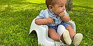 Mathew joined the competition — help win amazing prizes! baby, child, curious, daytime, footwear, grass, greenery, hand_in_mouth, lawn, nature, outdoor, park, road_sign, seat, shirt, side_view, sunlight, suspenders, tree, vehicle