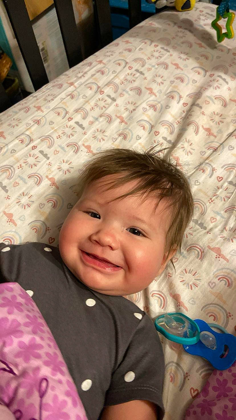 Wyleigh is registered to the contest to win money with this photo: baby, baby_laughing, baby_toddler_clothing, cheek, child, chin, comfort, face, fun, happy, head, iris, joy, linens, nose, people, person, skin, sleeve, smile