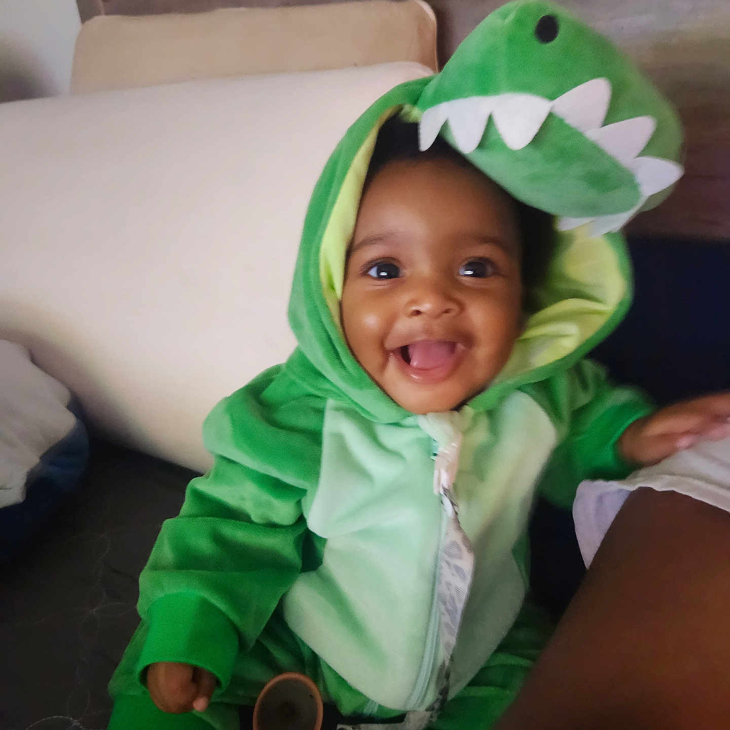 Danielle joined the competition — help win amazing prizes! baby, child, dinosaur_costume, green_clothing, smile, happy, indoor, cute, onesie, face, infant, seated, tongue_out, plush, hooded, cozy, portrait, playful, person, young_child