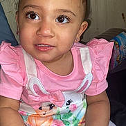 Rosalyn is registered to the contest to win money with this photo: toddler, child, girl, pink_clothing, hair_buns, cute, indoors, holding_foot, big_eyes, curious_expression, sitting, earrings, short_hair, patterned_dress, soft_lighting, portrait, small_hands, baby_toddler, clothing, face