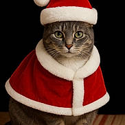 Pj joined the competition — help win amazing prizes! cat, gray_tabby, santa_hat, santa_cape, festive, holiday, pet, animal, portrait, indoor, striped_rug, costume, cute, feline, whiskers, sitting, looking_at_camera, soft_fur, black_background, calm