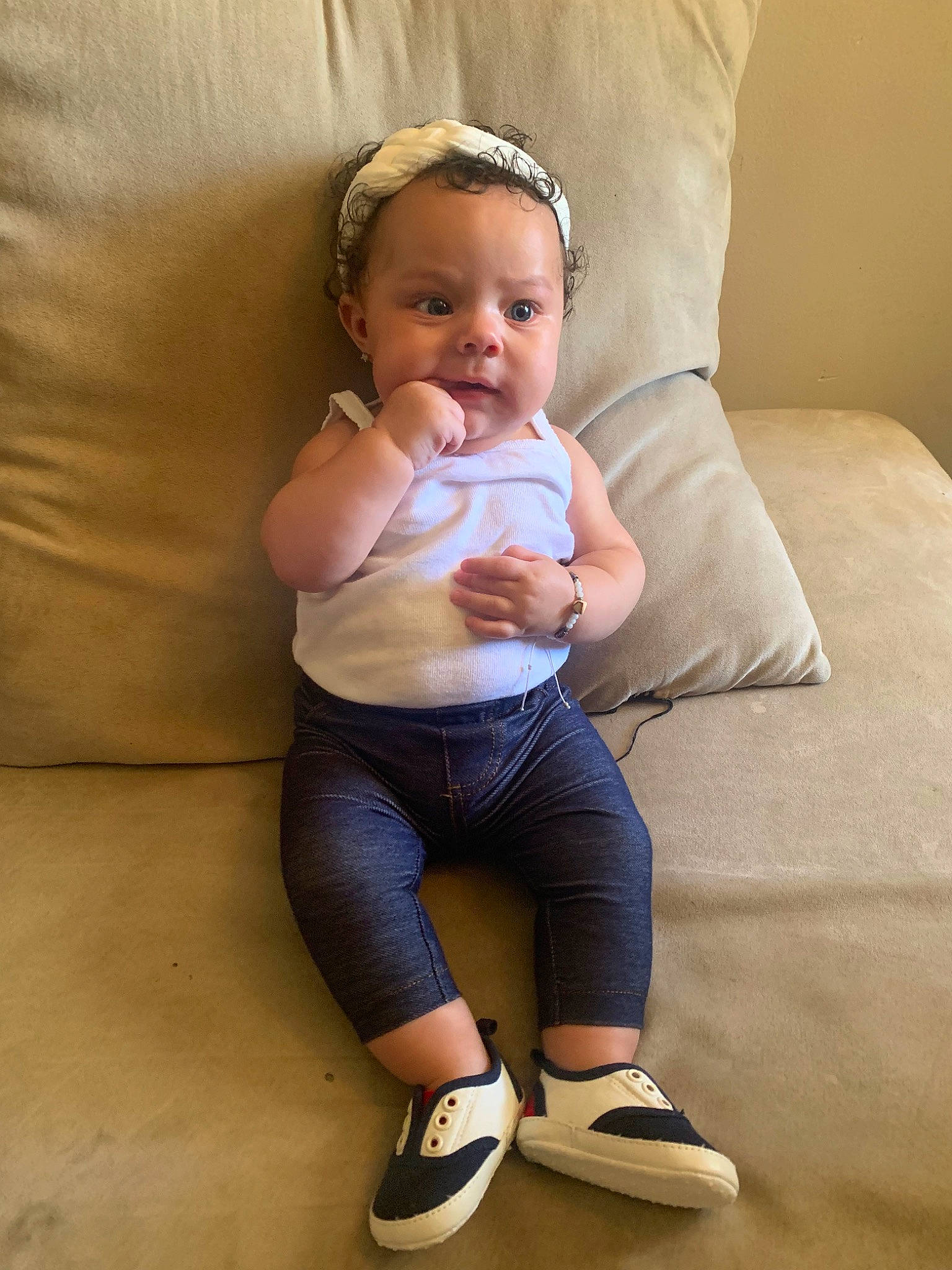 Nora joined the competition — help win amazing prizes! abdomen, baby, child, footwear, jeans, leg, person, shoe, sitting, skin, standing, toddler