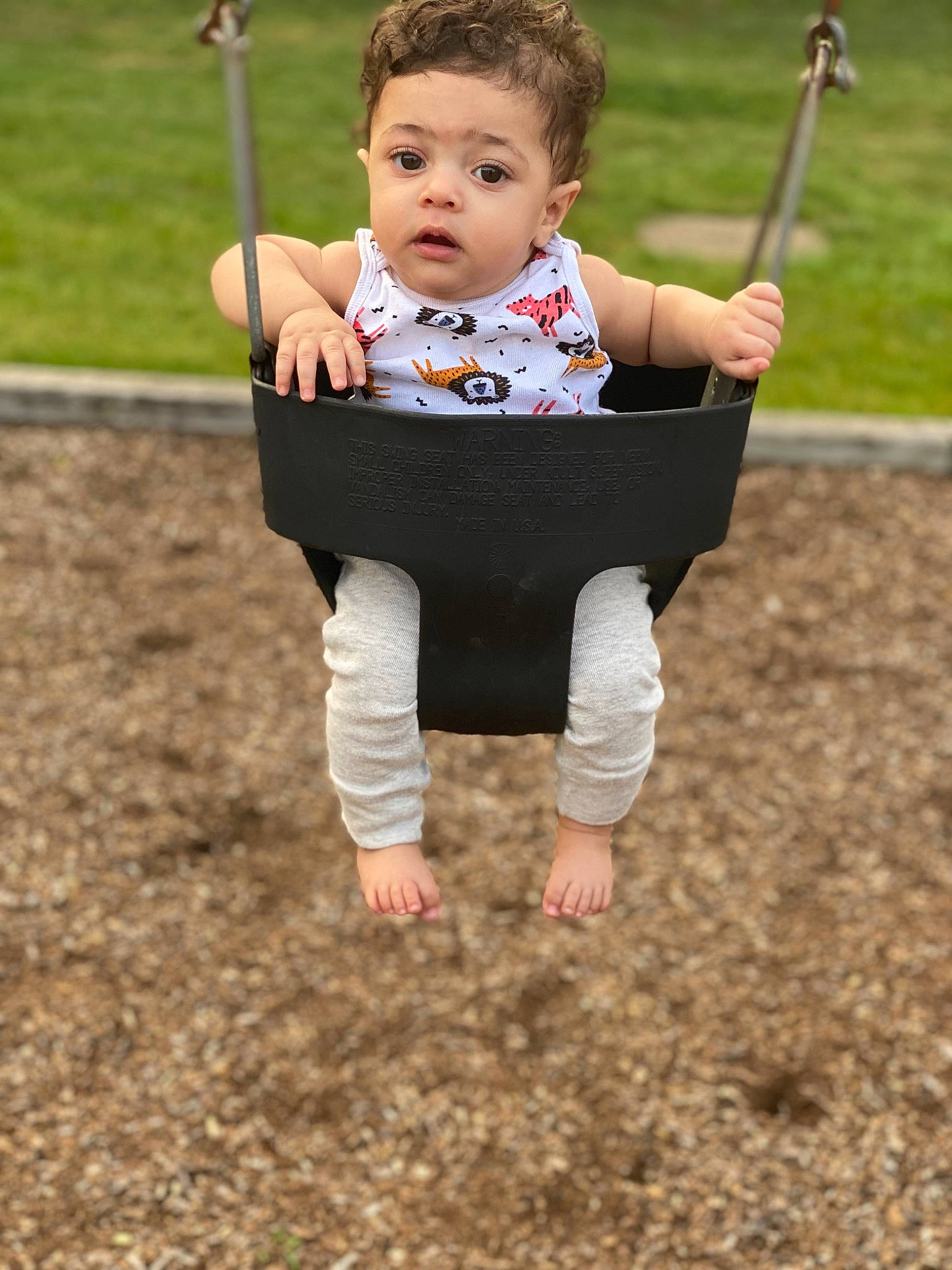 Liam joined the competition — help win amazing prizes! arm, baby, baby_toddler_clothing, dress, eye, face, flash_photography, fun, gesture, grass, hand, happy, leisure, people_in_nature, person, playground, sleeve, smile, swing, toddler