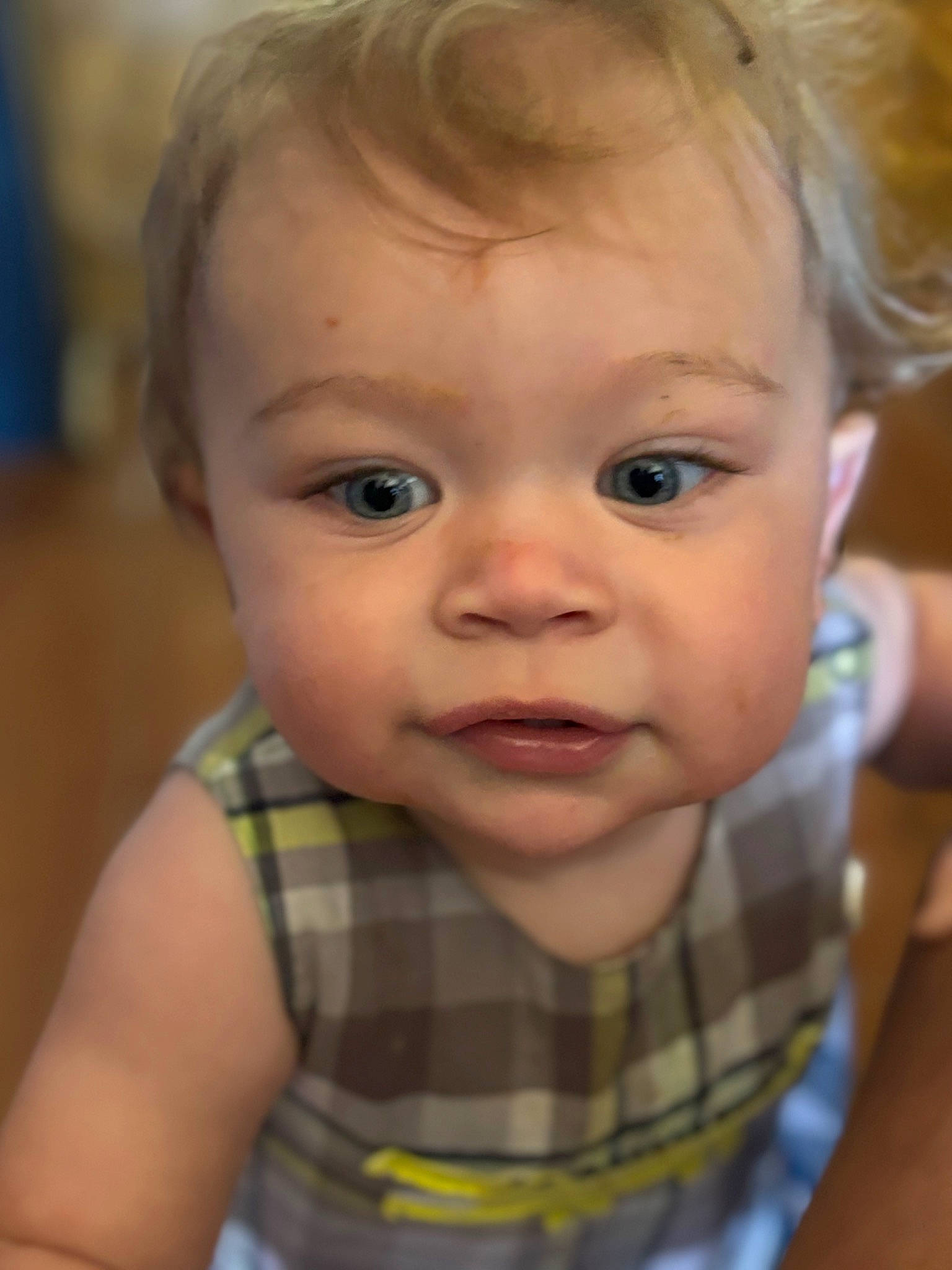 Devin is registered to the contest to win money with this photo: baby, baby_toddler_clothing, cheek, chin, ear, eye, eyebrow, eyelash, forehead, happy, iris, lip, mouth, nose, person, plaid, skin, sleeve, smile, tartan