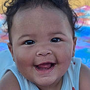 Shayla joined the competition — help win amazing prizes! baby, infant, child, smiling, happy, portrait, close_up, face, eyes, open_mouth, drool, tousled_hair, sleeveless_shirt, blue_clothing, sitting, indoor, colorful_background, blanket, photography, joy