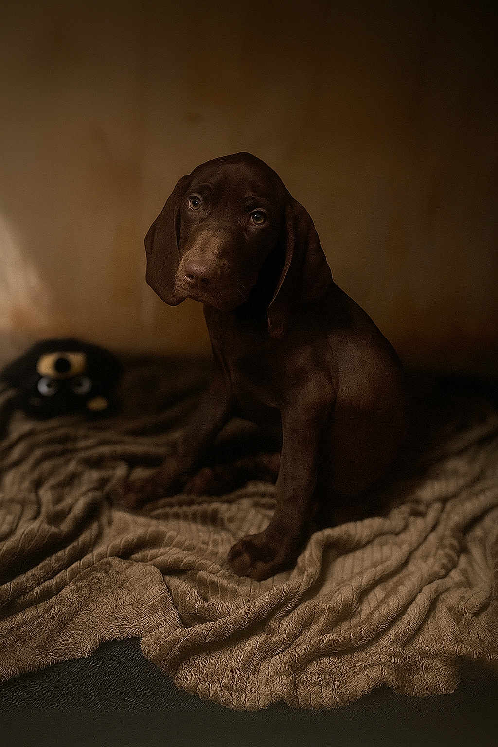 Atlas participe au concours pour gagner de l'argent avec cette photo : puppy, dog, brown, blanket, indoor, pet, young, fur, cute, animal, portrait, expression, cozy, soft_light, texture, mammal, sitting, looking, companion, cute_pet