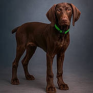 Atlas a rejoint le concours — aidez-le/la à gagner de superbes lots ! alert, animal, background, canine, chocolate_brown, dog, ears, eyes, floor, green_collar, indoor, looking_at_camera, paw, pet, portrait, short_hair, snout, standing, studio, young
