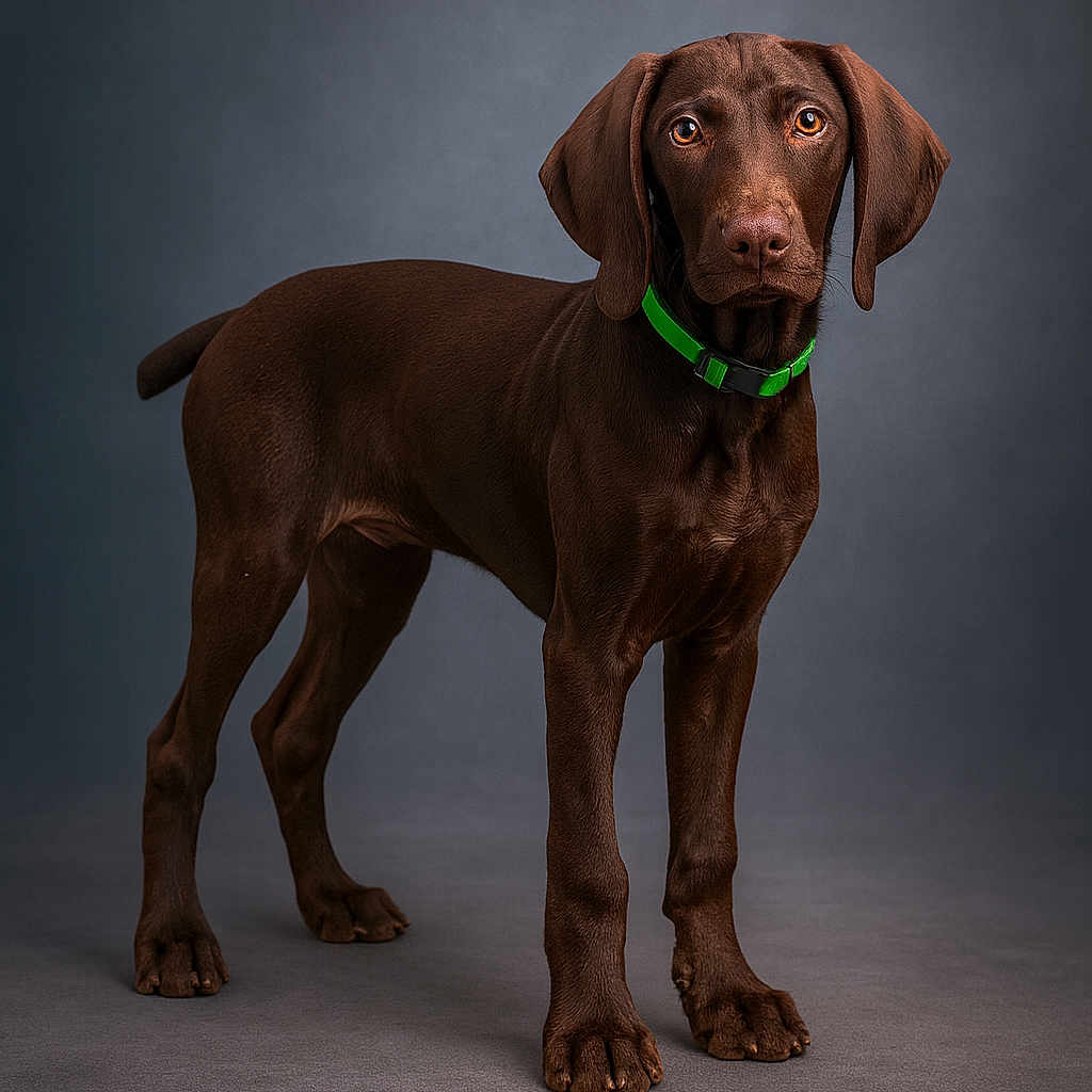 Atlas a rejoint le concours — aidez-le/la à gagner de superbes lots ! alert, animal, background, canine, chocolate_brown, dog, ears, eyes, floor, green_collar, indoor, looking_at_camera, paw, pet, portrait, short_hair, snout, standing, studio, young