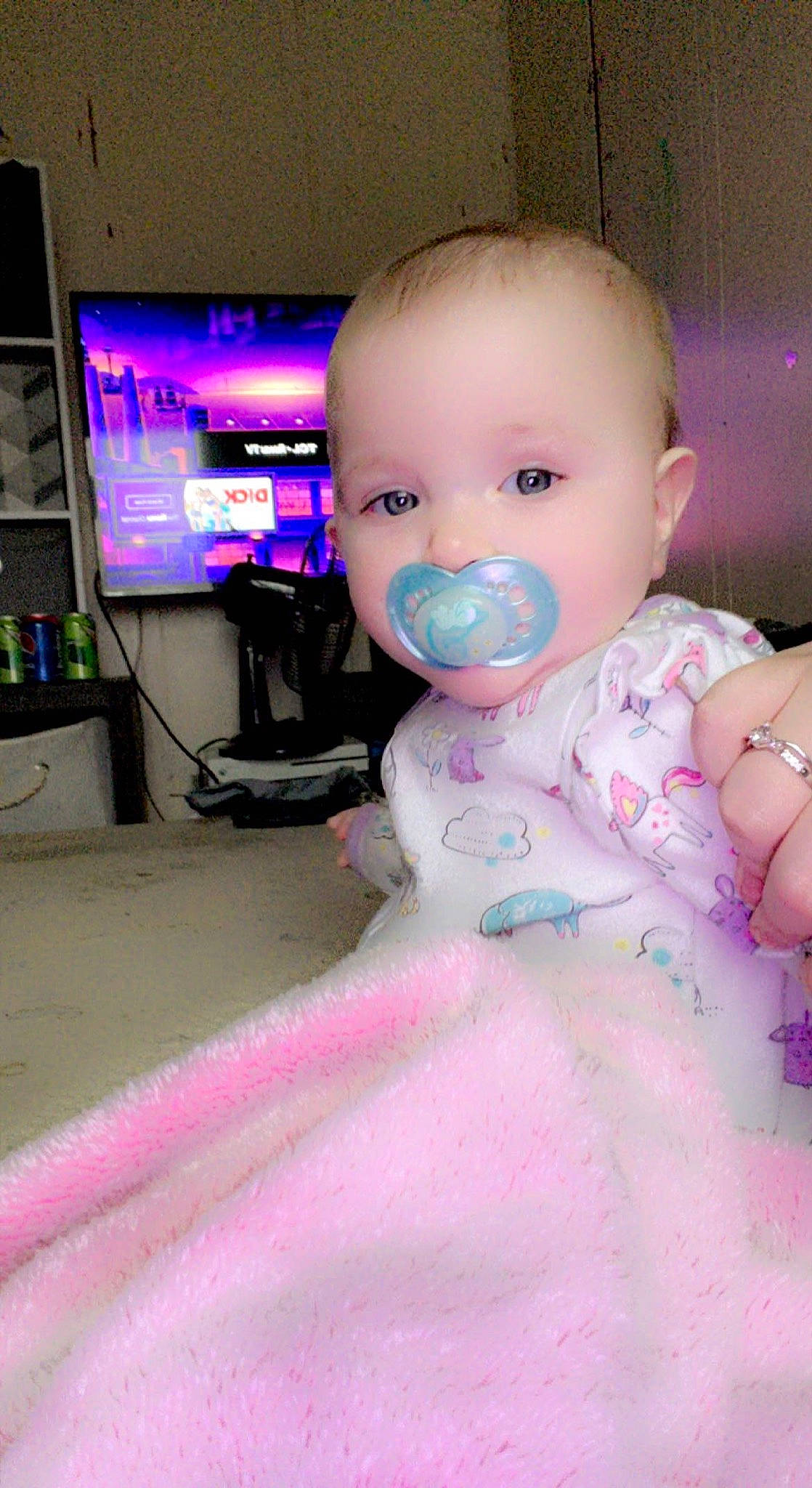 Kaylee joined the competition — help win amazing prizes! baby, baby_toddler_clothing, cheek, child, costume, display_device, eyelash, flooring, fun, fur, happy, led_backlit_lcd_display, magenta, peach, person, pink, room, sleeve, television, television_set