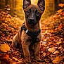 dog, puppy, autumn, leaves, forest, nature, outdoor, animal, cute, brown, ears, fur, path, seasonal, fall, portrait, young, pet, canine, harness