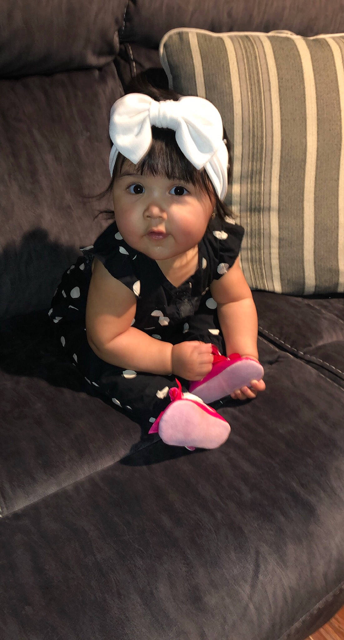 Rosalia joined the competition — help win amazing prizes! baby, baby_toddler_clothing, cheek, child, comfort, couch, darkness, eye, fashion_accessory, flash_photography, flooring, fun, grass, happy, headwear, magenta, pattern, person, sitting, sleeve