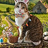 Patoune participe au concours pour gagner de l'argent avec cette photo : animal, basket, bow_tie, bunny_ears, carrot_necklace, cat, countryside, decorations, easter, easter_eggs, festive, flowers, greenery, holiday, lavender, outdoor, pet, plush_chicks, spring, stone_wall
