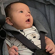 Michael joined the competition — help win amazing prizes! baby, infant, stroller, straps, drool, clothing, face, hand, expression, seated, child, cute, casual, portrait, indoors, person, closeup, young, head, looking