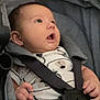 baby, infant, stroller, straps, drool, clothing, face, hand, expression, seated, child, cute, casual, portrait, indoors, person, closeup, young, head, looking