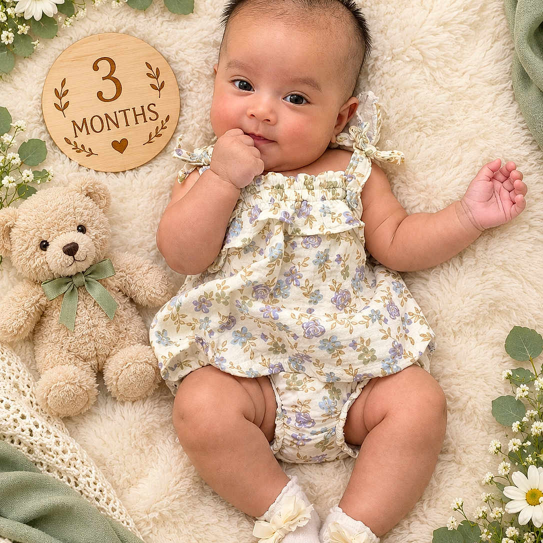 Srijita Barua joined the competition — help win amazing prizes! baby, infant, child, three_months, portrait, lying_down, smiling, floral_dress, dress, teddy_bear, blanket, flowers, daisies, greenery, wooden_sign, milestone_photo, nursery, cozy, socks, indoor