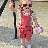 Stormy joined the competition — help win amazing prizes! toddler, child, outdoor, sunglasses, pink, handbag, shorts, sneakers, smile, pigtails, concrete, sunlight, casual_clothing, person, playful, young_child, happy, summer, fashion, sidewalk