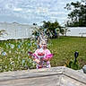 child, bubble_blower, bubbles, pink_shirt, outdoor, grass, fence, toy, play, garden, daytime, greenery, happy, person, nature, summer, fun, backyard, tree, plant