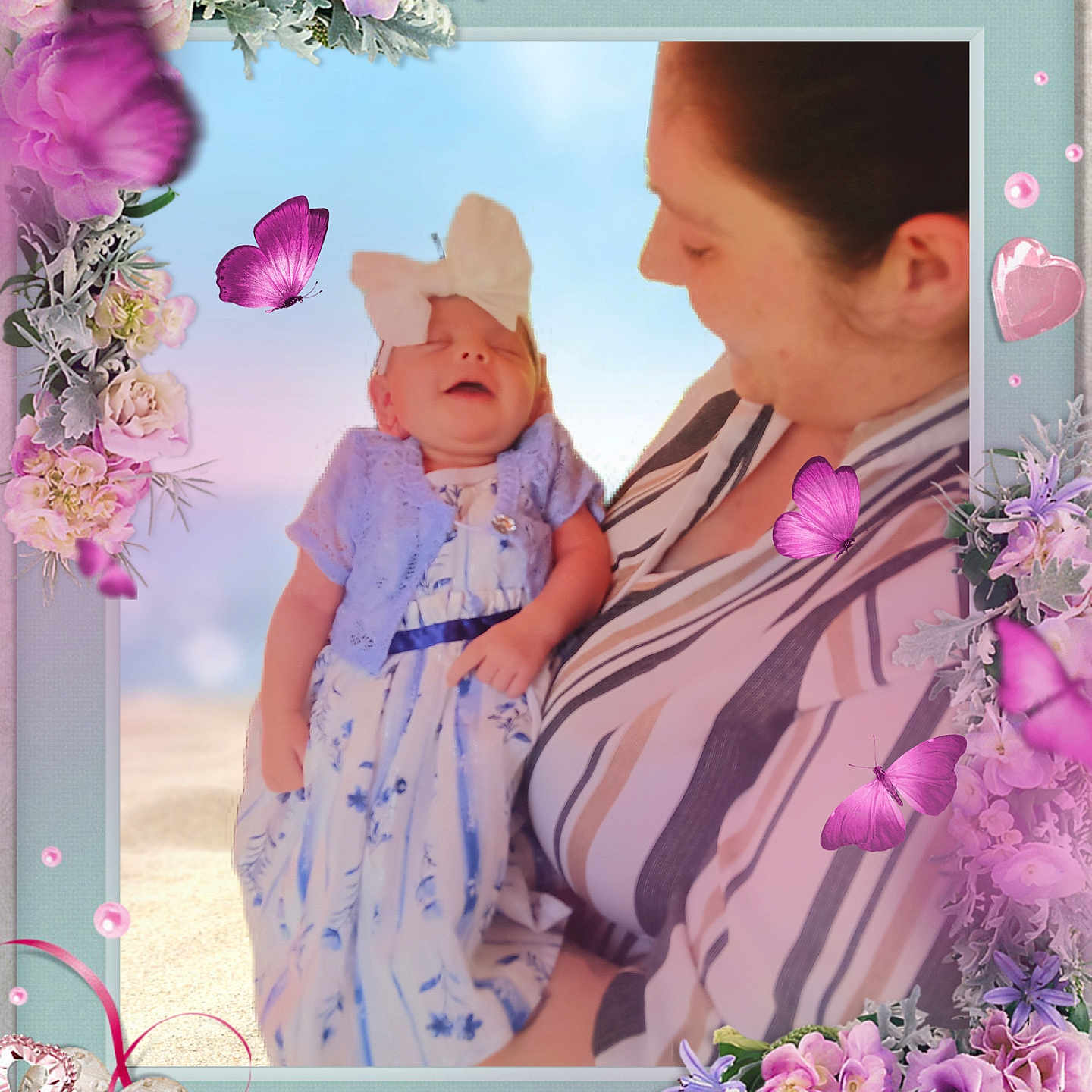 Raven Nicole is registered to the contest to win money with this photo: baby, bow, butterflies, child, closeup, decorative, dress, family, flowers, frame, happy, headwear, holding, indoor, patterned_clothing, person, portrait, smiling, soft_colors, woman
