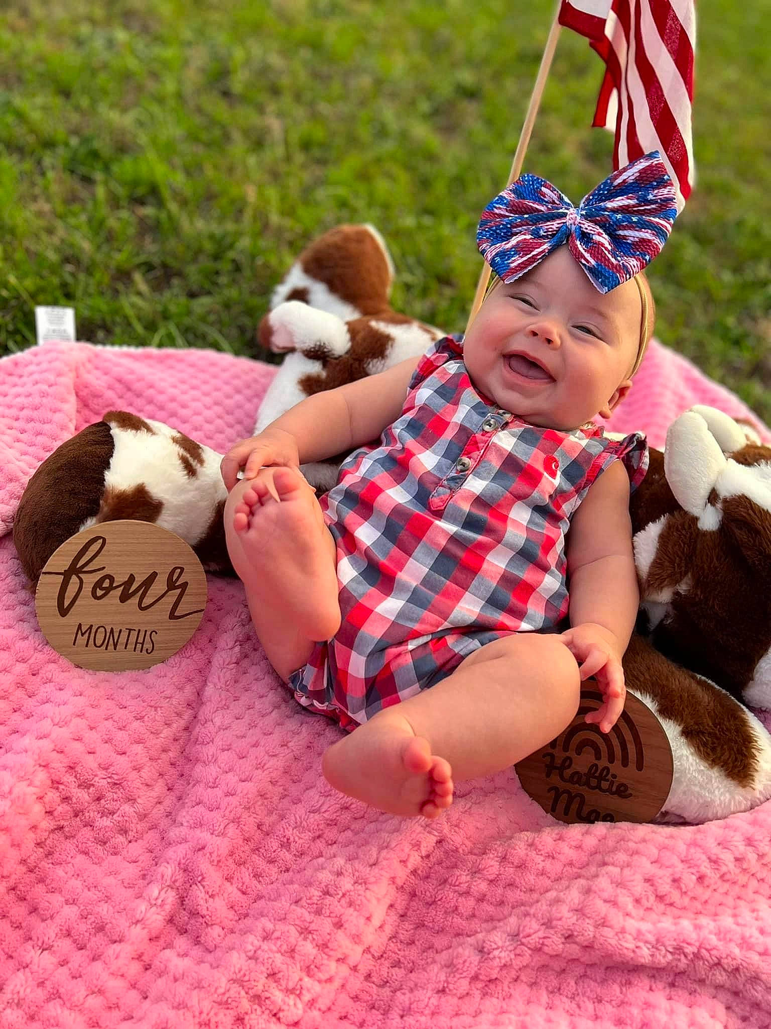 Hatilynn is registered to the contest to win money with this photo: baby, baby_products, baby_toddler_clothing, child, event, fawn, flag, flag_of_the_united_states, fun, grass, happy, headwear, leisure, pattern, people_in_nature, person, pink, plaid, recreation, textile