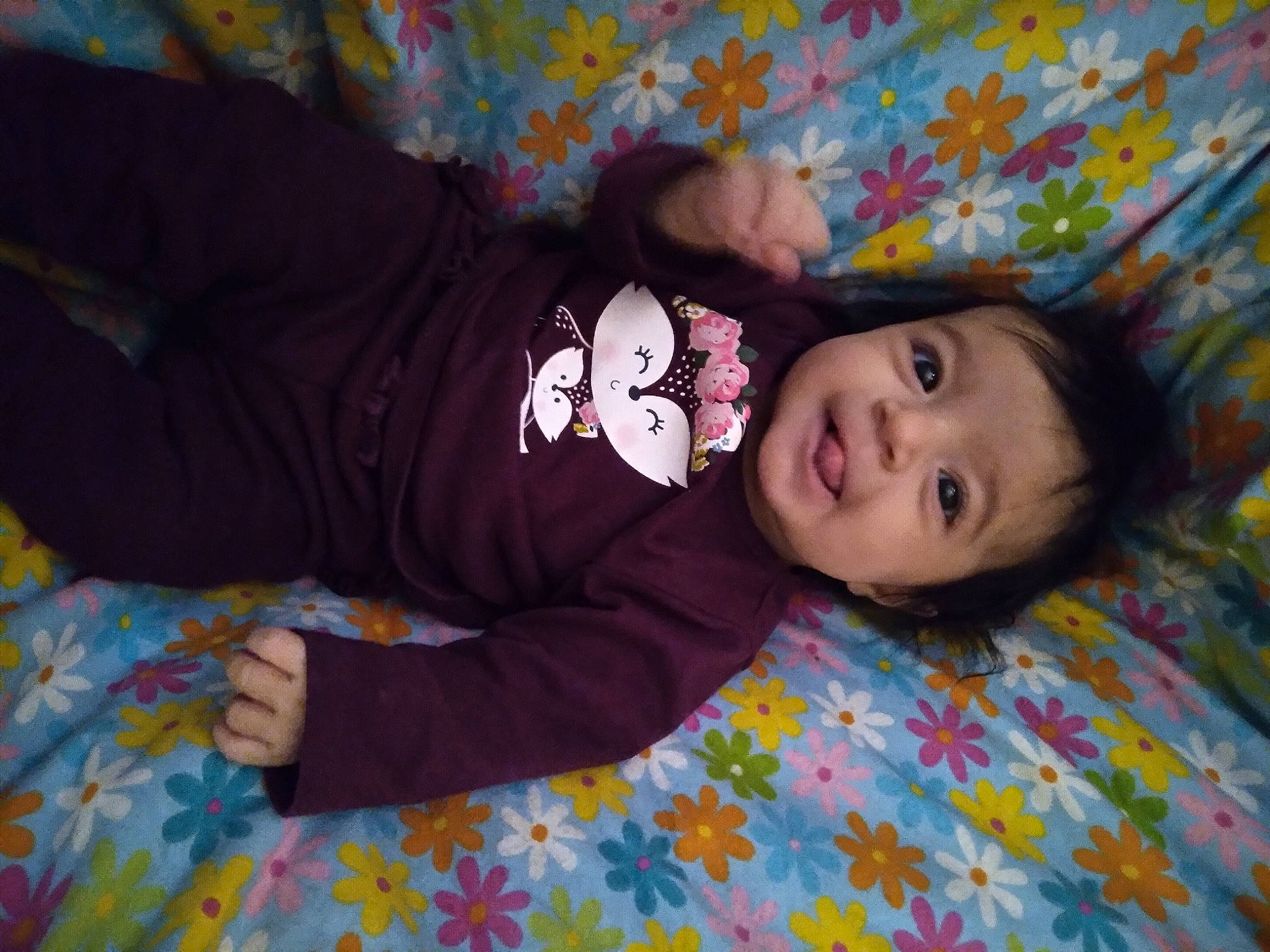 Melody Ann joined the competition — help win amazing prizes! baby_toddler_clothing, cheek, child, comfort, face, flooring, fun, happy, iris, linens, magenta, pattern, person, purple, skin, sleeve, smile, textile, toddler, violet