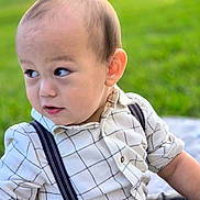 Nicholas joined the competition — help win amazing prizes! toddler, child, baby, outdoor, grass, blanket, shirt, suspenders, portrait, cute, young, person, face, head, expression, curious, sitting, nature, daylight, casual
