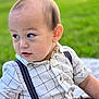 toddler, child, baby, outdoor, grass, blanket, shirt, suspenders, portrait, cute, young, person, face, head, expression, curious, sitting, nature, daylight, casual