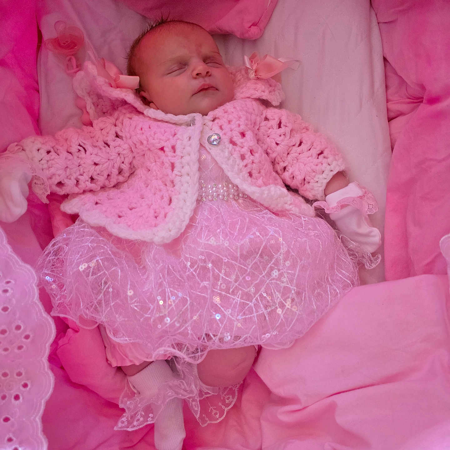 Kalilah-Rose joined the competition — help win amazing prizes! baby, child, cozy, crocheted_sweater, cushions, cute, decorative, glitter, indoor, infant, lace_dress, newborn, peaceful, pink_clothing, portrait, resting, sleeping, small, soft_blankets, warm