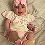 Vienna joined the competition — help win amazing prizes! baby, bed, blanket, blue_eyes, bow, child, clothing, cream, cute, happy, headband, indoors, infant, legs, person, pink, portrait, shoes, smiling, soft