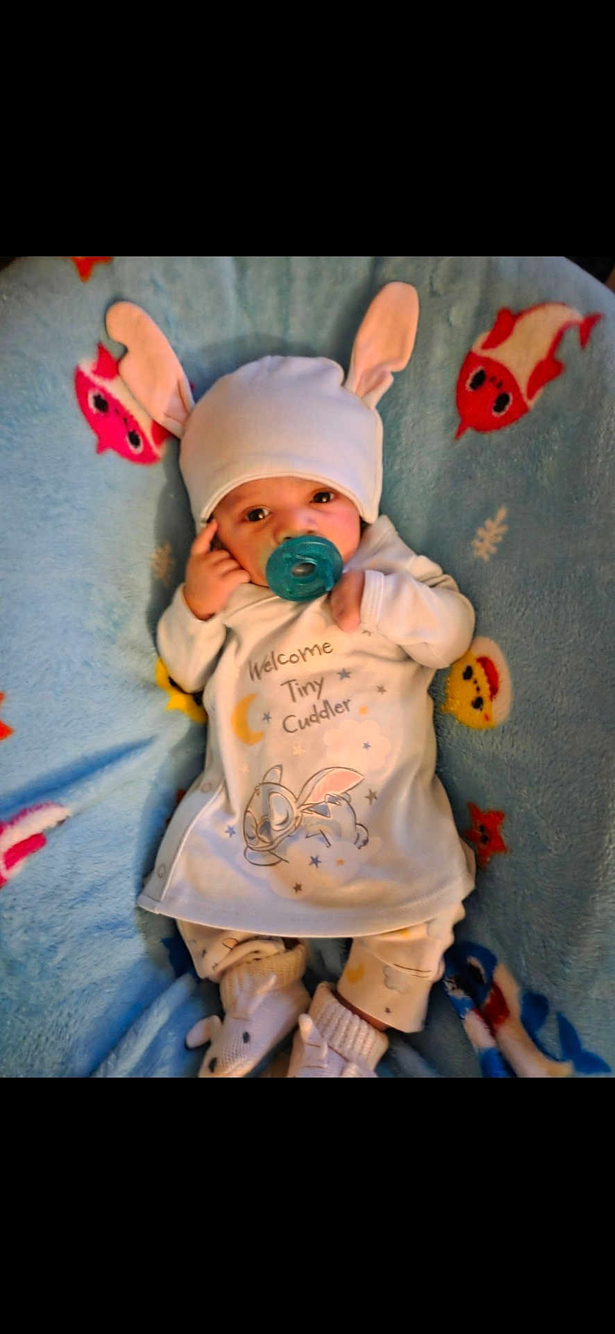 Daymeir is registered to the contest to win money with this photo: baby, infant, pacifier, hat_with_bunny_ears, blanket, blue_blanket, onesie, baby_clothes, newborn, lying_down, cute, booties, socks, cartoon_print, bunny, portrait, indoors, small_person, headwear, sleepy