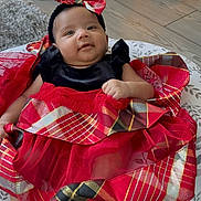 Sahani is registered to the contest to win money with this photo: baby, bow_headband, carpet, child, cushion, cute, festive, flooring, footwear_free, gift_boxes, happy, holiday_theme, indoor, infant, person, plaid_pattern, portrait, red_dress, smiling, toddler