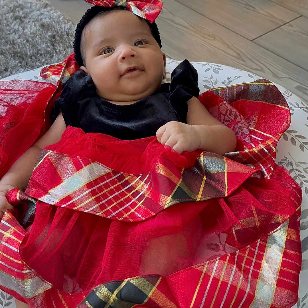 Sahani is registered to the contest to win money with this photo: baby, bow_headband, carpet, child, cushion, cute, festive, flooring, footwear_free, gift_boxes, happy, holiday_theme, indoor, infant, person, plaid_pattern, portrait, red_dress, smiling, toddler