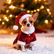 Baby Bear joined the competition — help win amazing prizes! dog, chihuahua, christmas, holiday, santa_hat, santa_suit, cute, small_dog, festive, christmas_tree, lights, decoration, winter, snowflakes, fluffy, pet, indoors, celebration, adorable, costume